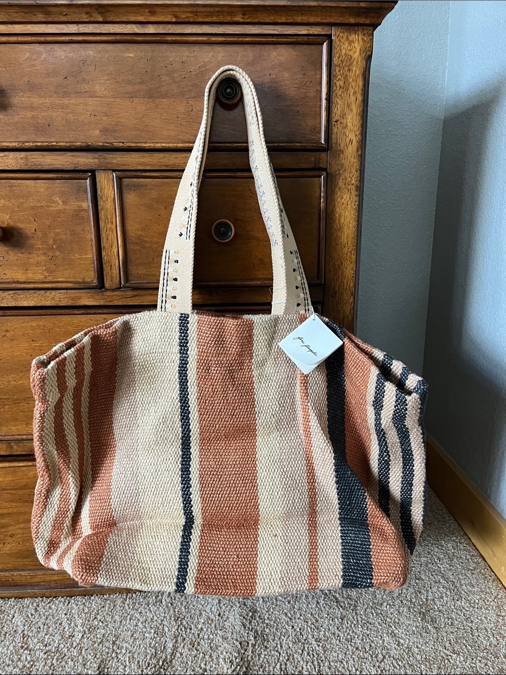 Free People Copacabana Striped Woven Tote in Cream, Rust & Black - NWT